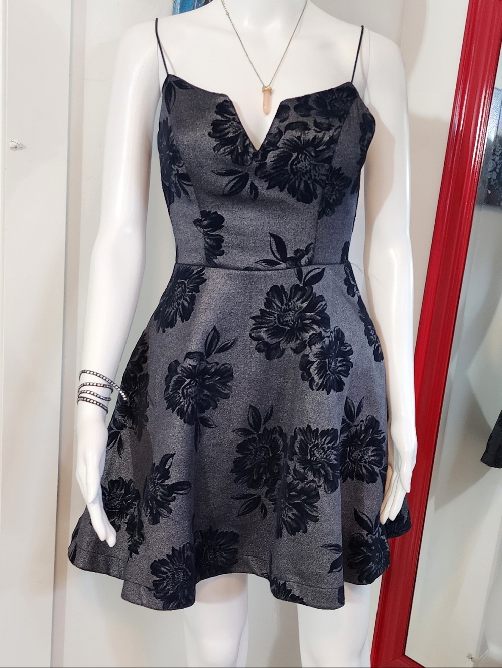 Spaghetti Strap Gray Floral Fit & Flare Dress
